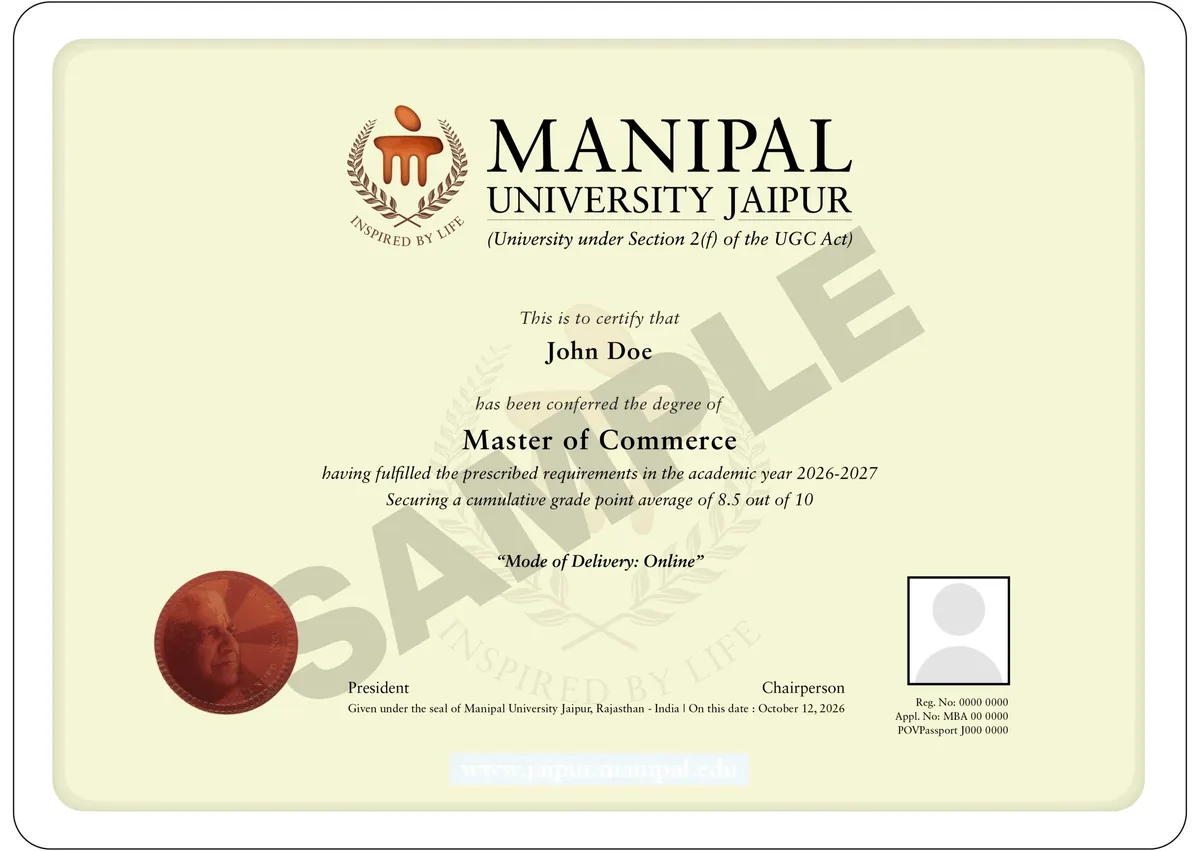Sample degree certificate of Manipal University Jaipur (Master of Commerce), marked Sample, with placeholder name and numbers