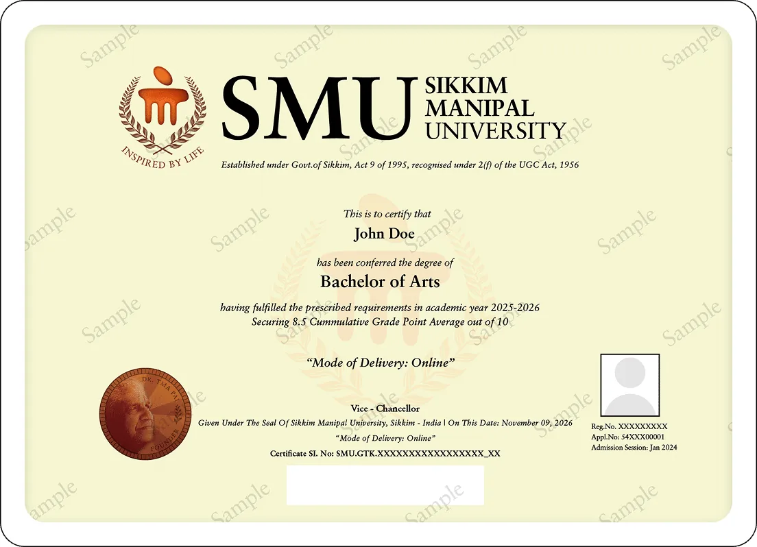 Sample degree certificate of Sikkim Manipal University (Bachelor of Arts), marked Sample, with placeholder name and numbers